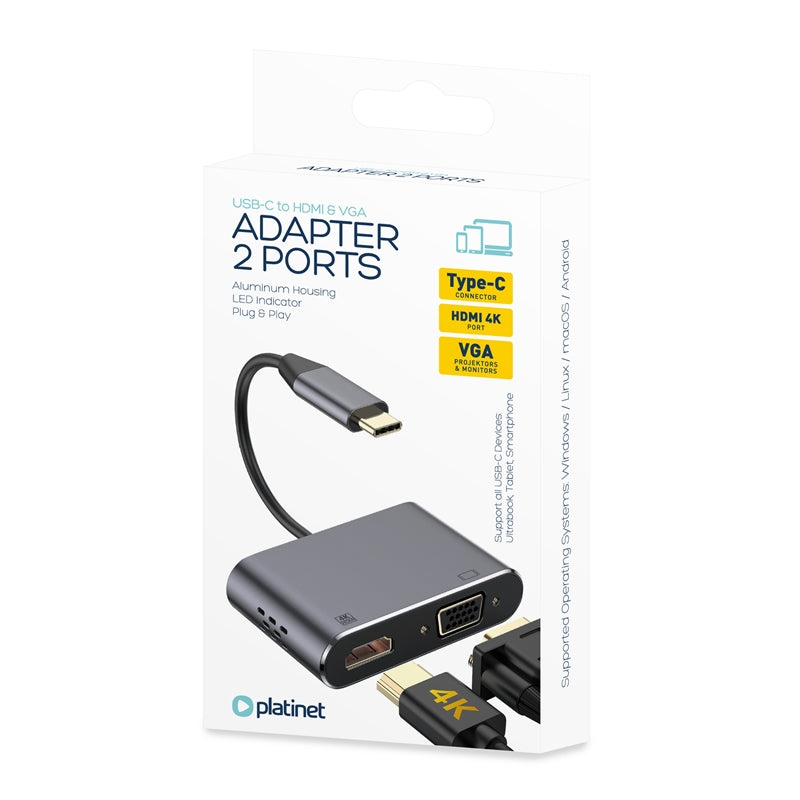 ADAPTADOR PLATINET USB TYPE-C para porta HDMI 4K + VGA