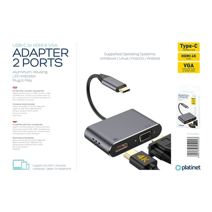 ADAPTADOR PLATINET USB TYPE-C para porta HDMI 4K + VGA