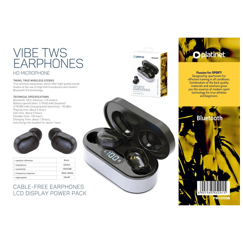 PLATINET AURICULARES BLUETOOTH + ESTUCHE CARGA NEGRO PM1050