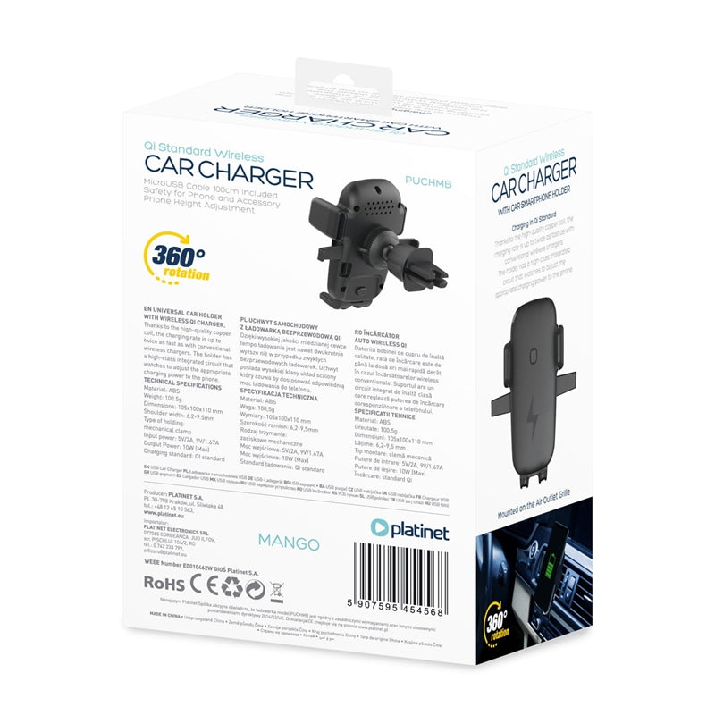 PLATINET CARGADOR+SOPORTE COCHE CARGA INALAMBRICA QI 2A/5V/10W