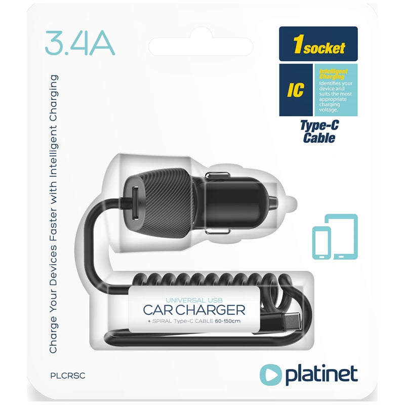 CARREGADOR DE CARRO PLATINET TIPO-C 3.4A CABO ESPIRAL