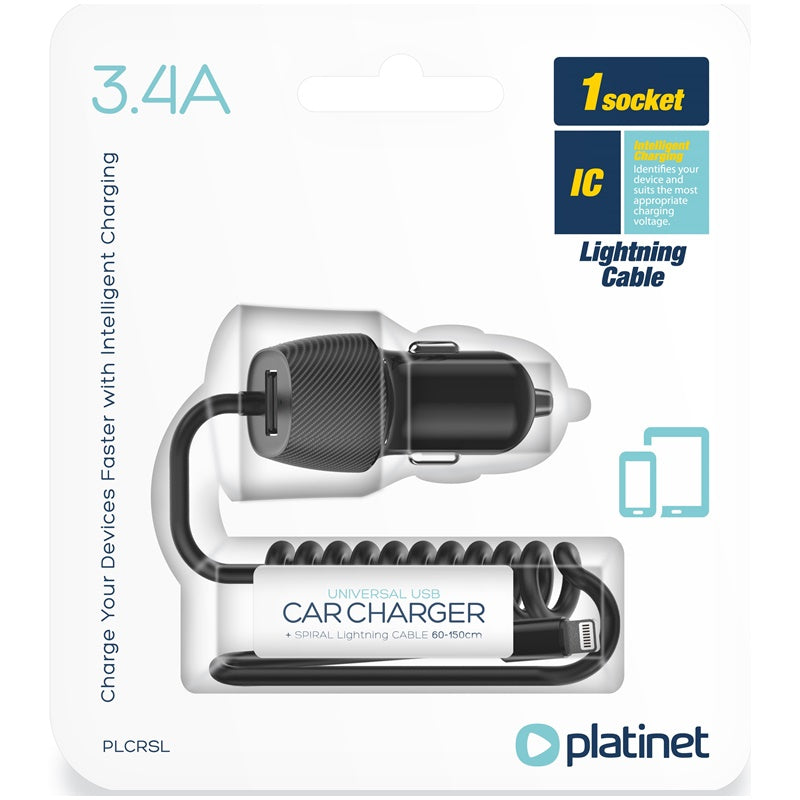PLATINET CARGADOR DE COCHE LIGHTNING 3.4A CABLE ESPIRAL