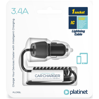 PLATINET CARGADOR DE COCHE LIGHTNING 3.4A CABLE ESPIRAL