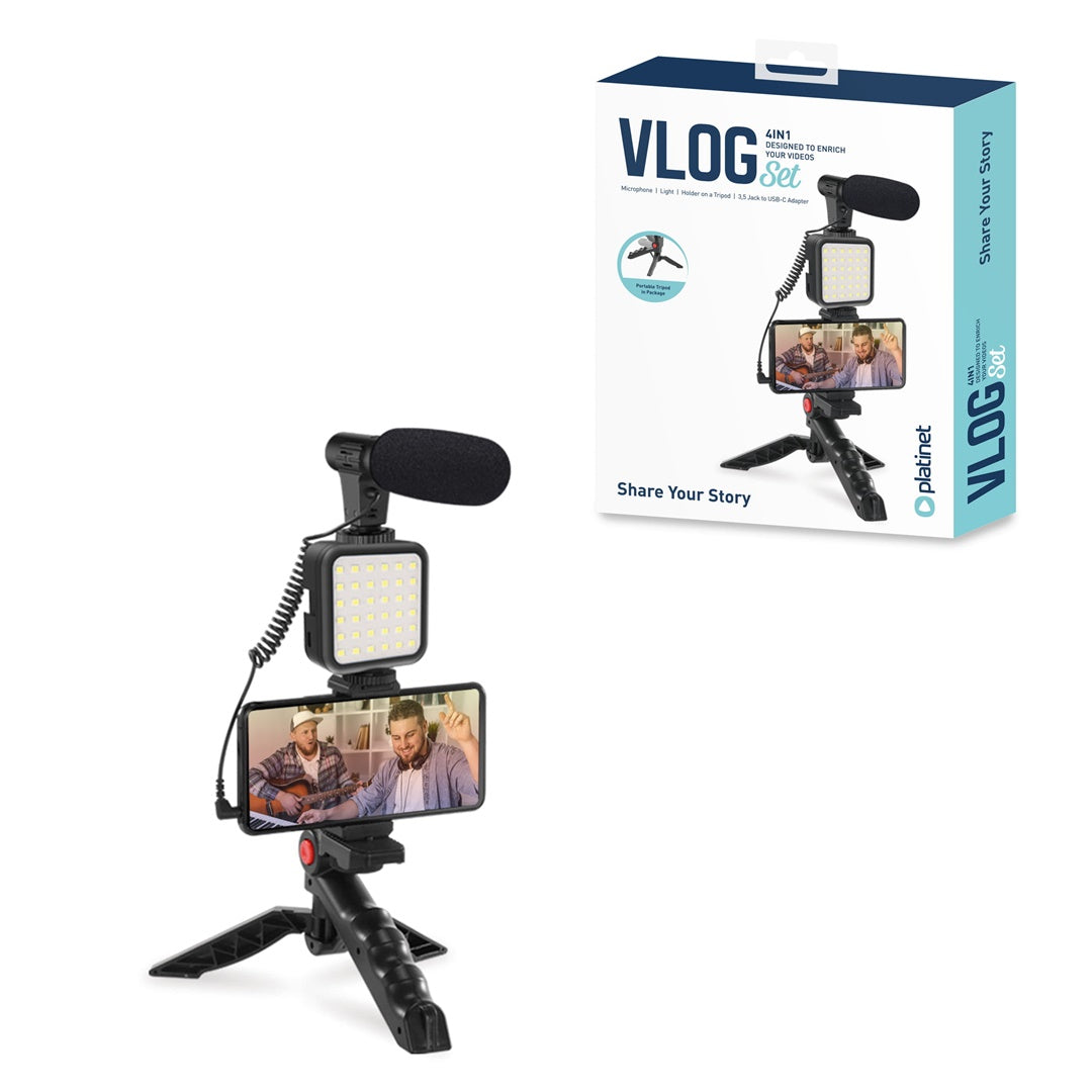 KIT PLATINET VIDEO BLOGGER 4 em 1 MIC LED LUZ TRIPÉ SUPORTE