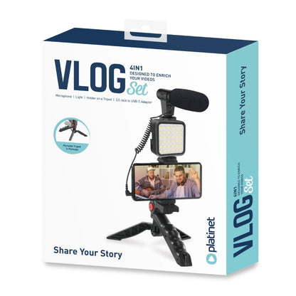 KIT PLATINET VIDEO BLOGGER 4 em 1 MIC LED LUZ TRIPÉ SUPORTE