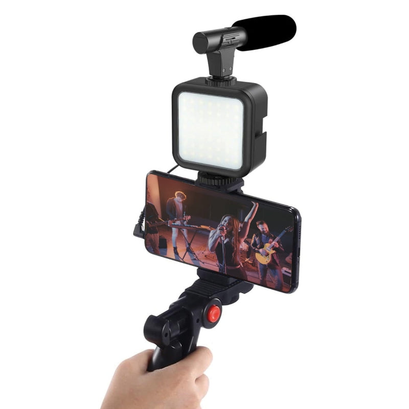 KIT PLATINET VIDEO BLOGGER 4 em 1 MIC LED LUZ TRIPÉ SUPORTE