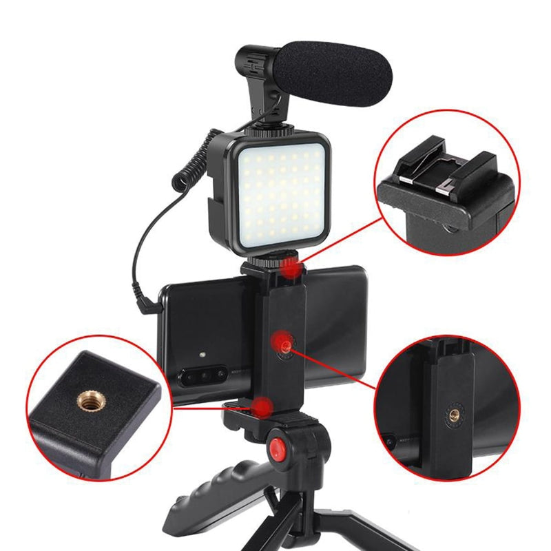 KIT PLATINET VIDEO BLOGGER 4 em 1 MIC LED LUZ TRIPÉ SUPORTE