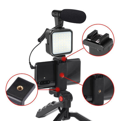 KIT PLATINET VIDEO BLOGGER 4 em 1 MIC LED LUZ TRIPÉ SUPORTE
