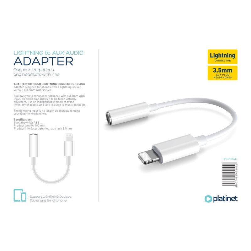 PLATINET CABLE ADAPTADOR SMARTPHONE LIGHTNING - AUX