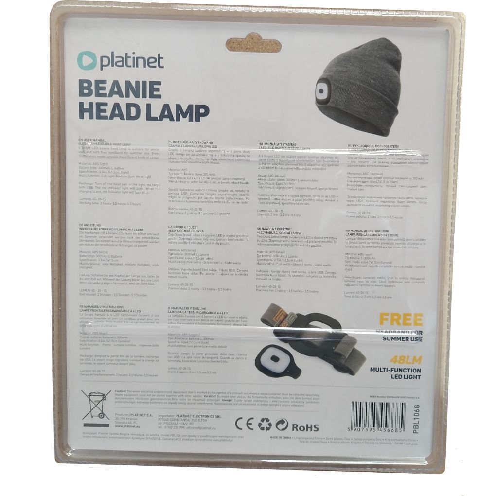 PLATINET GORRO INVIERNO CON LINTERNA FRONTAL LED 48LM ROJO