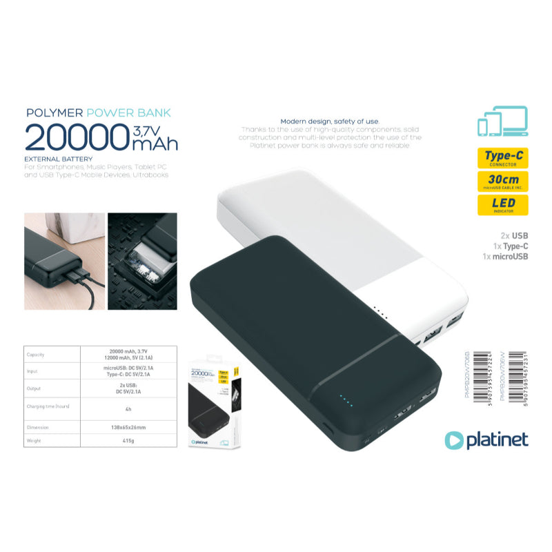 PLATINET POWER BANK 20.000mAh POLYMERO ABS NEGRO