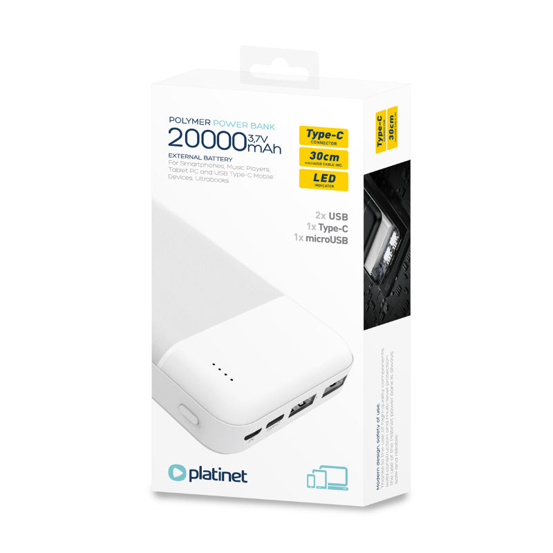 PLATINET POWER BANK 20.000mAh POLYMERO ABS BLANCO