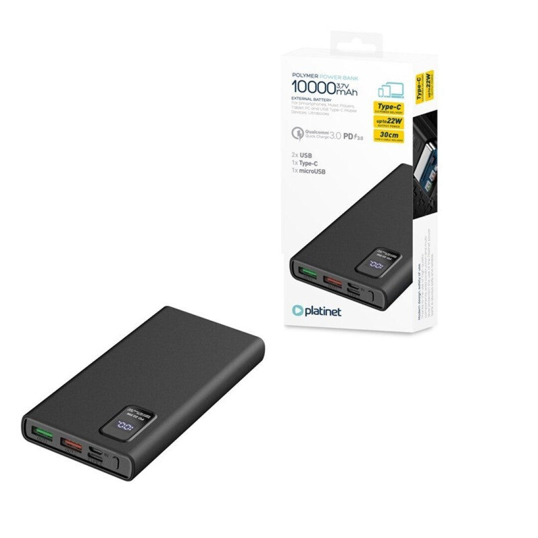 PLATINET POWER BANK 10.000mAh POLYMERO CARGA RAPIDA 3.0 NEGRO