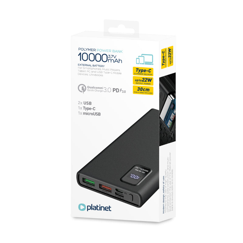 PLATINET POWER BANK 10.000mAh POLYMERO CARGA RAPIDA 3.0 NEGRO