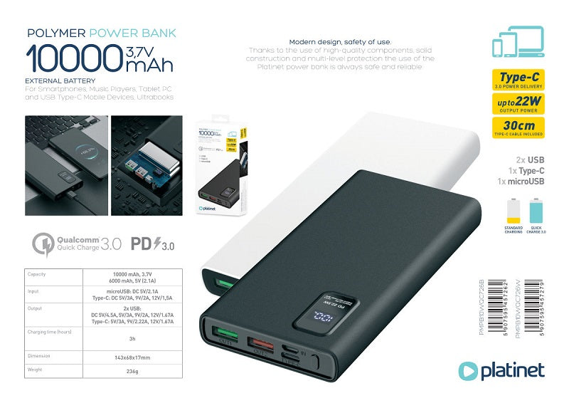 PLATINET POWER BANK 10.000mAh POLYMERO CARGA RAPIDA 3.0 NEGRO