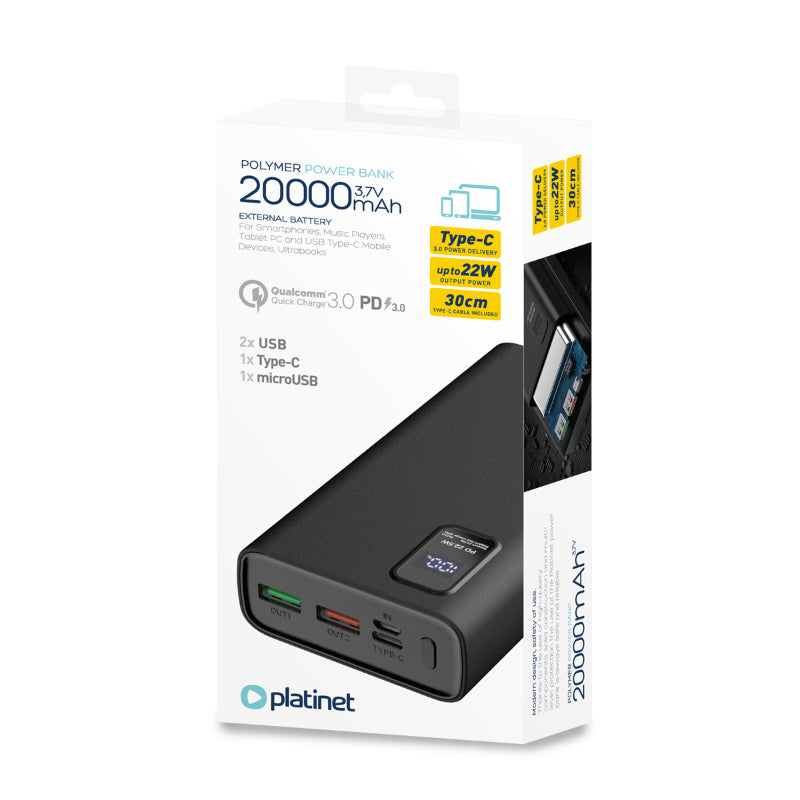 PLATINET POWER BANK 20.000mAh POLYMERO CARGA RAPIDA 3.0 NEGRO
