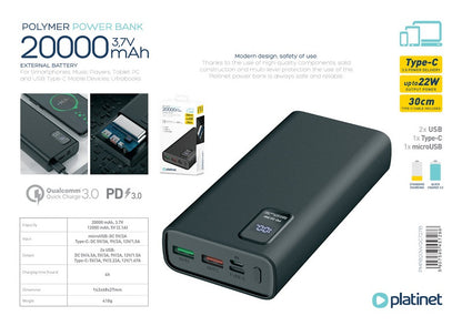 PLATINET POWER BANK 20.000mAh POLYMERO CARGA RAPIDA 3.0 NEGRO