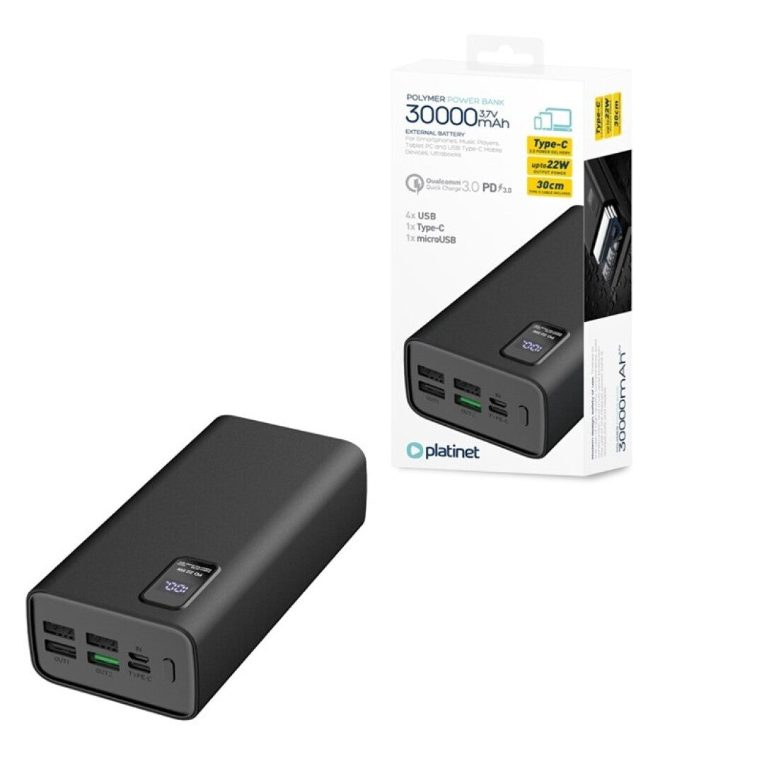 PLATINET POWER BANK 30.000mAh POLYMERO CARGA RAPIDA 3.0 NEGRO