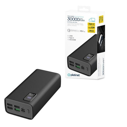 PLATINET POWER BANK 30.000mAh POLYMERO CARGA RAPIDA 3.0 NEGRO