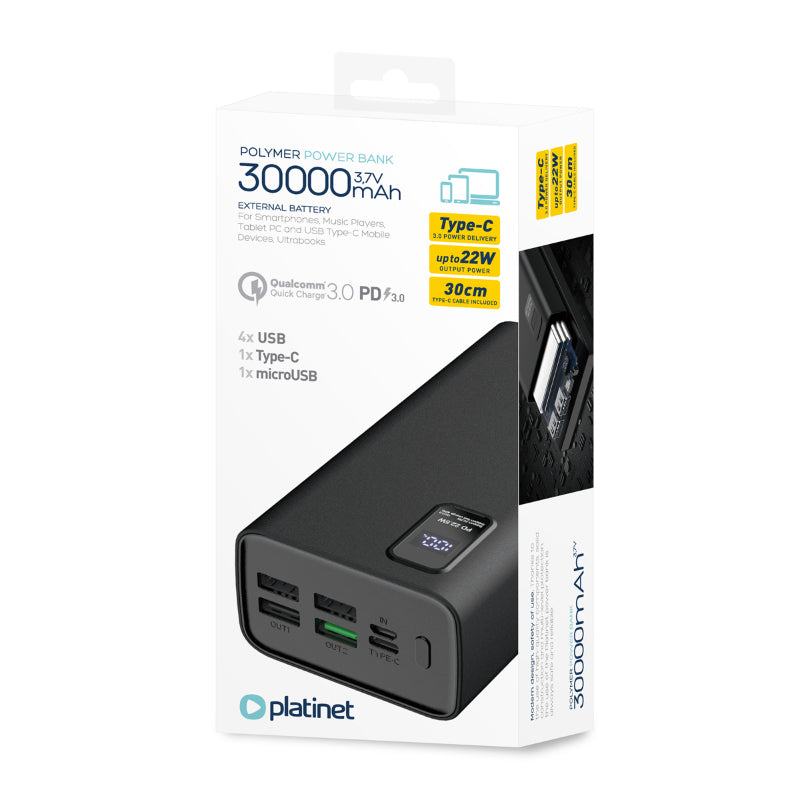 PLATINET POWER BANK 30.000mAh POLYMERO CARGA RAPIDA 3.0 NEGRO