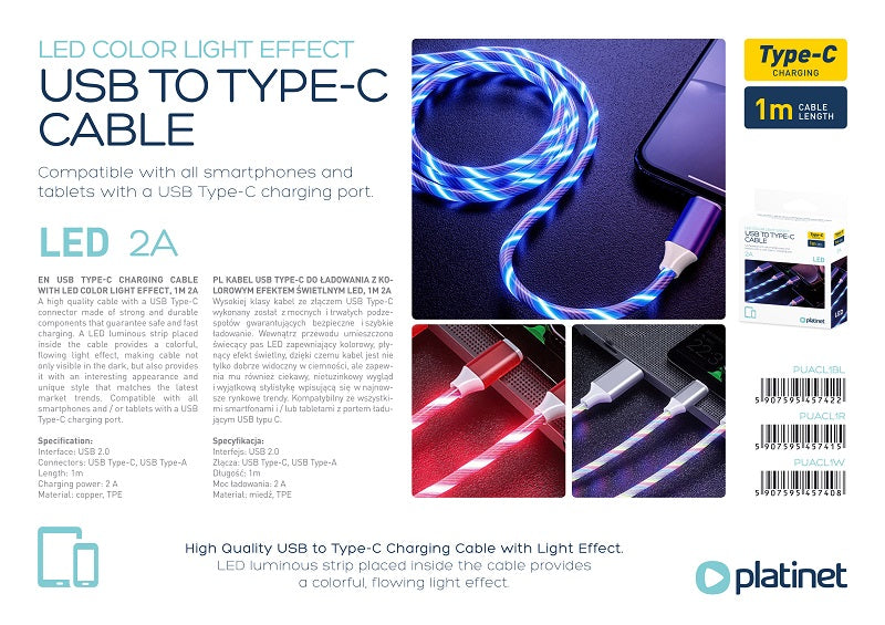 PLATINET CABLE TYPE-C RED LED LIGHTS 1.5A 1M
