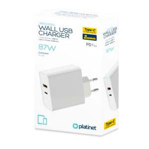 PLATINET CARGADOR PARED 1xTIPO-C+1xUSB 87W CARGA RAPIDA 3.0