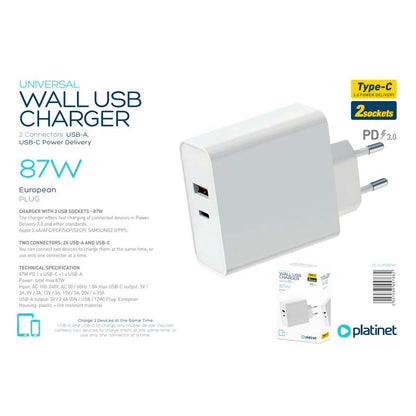 PLATINET CARGADOR PARED 1xTIPO-C+1xUSB 87W CARGA RAPIDA 3.0