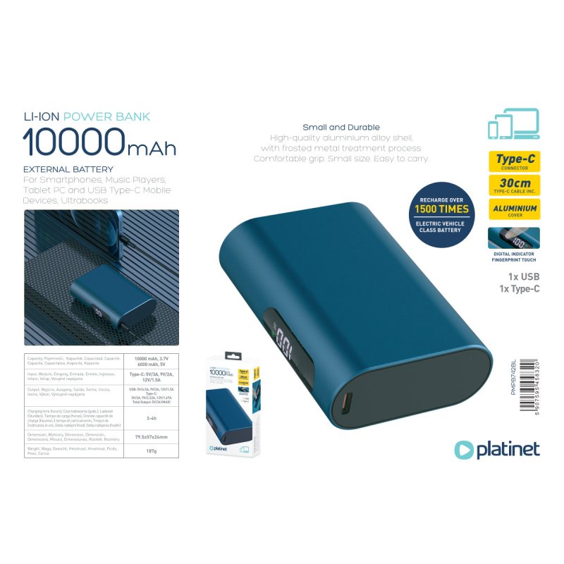 PLATINET POWER BANK 10.000mAh TYPE-C LED TACTIL MINI PMPB742BL AZUL