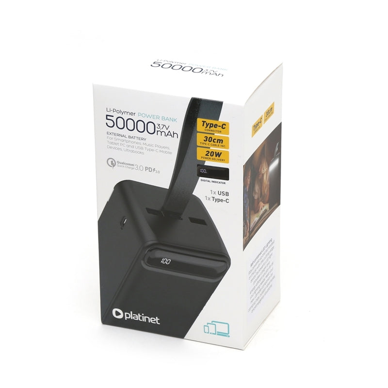 PLATINET POWER BANK LI-PO 50.000mAh 20W PD + CABLE USB-C 1M + LINTERNA PMPB5020