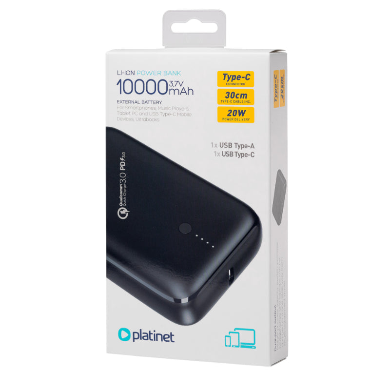 PLATINET POWERBANK 10.000mAh 20W BATERIA ION-LITIO 1400 CICLOS NEGRO