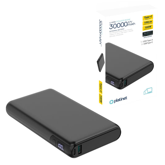 PLATINET POWER BANK 30.000mAh 100W PD/18 QC/EV-BATERIA LI-ION 1400 CICLOS NEGRO PMPB30DL301B