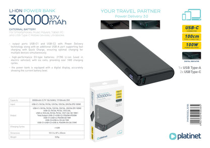 PLATINET POWER BANK 30.000mAh 100W PD/18 QC/EV-BATERIA LI-ION 1400 CICLOS NEGRO PMPB30DL301B