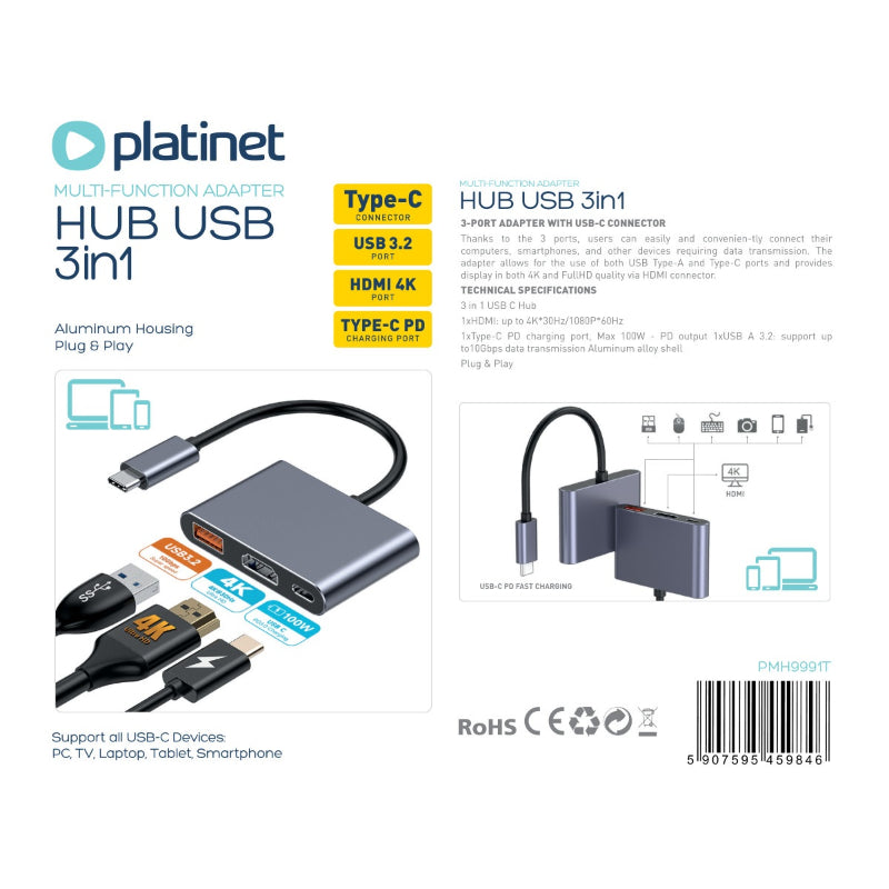 PLATINET HUB USB-C 3.2 3en1 HDMI 4K  USB-A 3.2 USB-C PD 100W