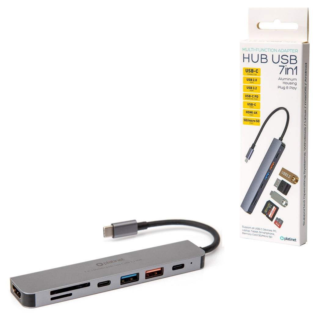 PLATINET HUB USB-C 3.2 7en1 HDMI 4K USB-A3.2/ USB-A2.0/USB-C PD 100W/ USB-C2.0/SD/MicroSD