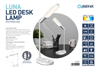 PLATINET LUNA LED DESK LAMP 10W 4200K 450LM USB-C