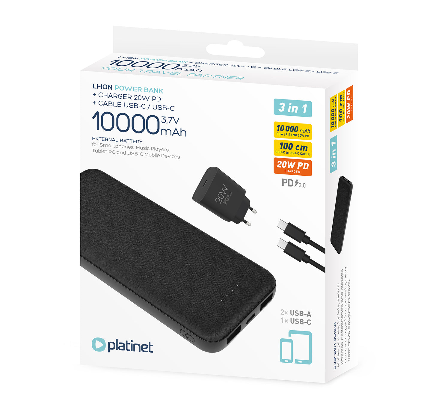 PLATINET POWERBANK 10,000mAh + 20W CHARGER + BLACK USB-C CABLE
