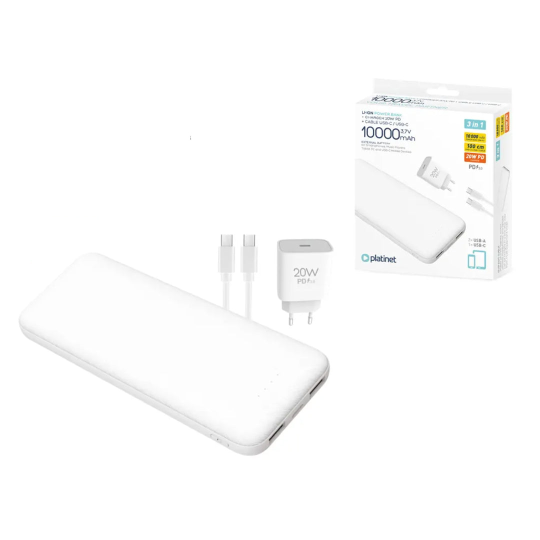 PLATINET POWERBANK 10,000mAh + 20W CHARGER + WHITE USB-C CABLE