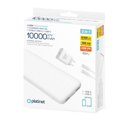 PLATINET POWERBANK 10,000mAh + 20W CHARGER + WHITE USB-C CABLE
