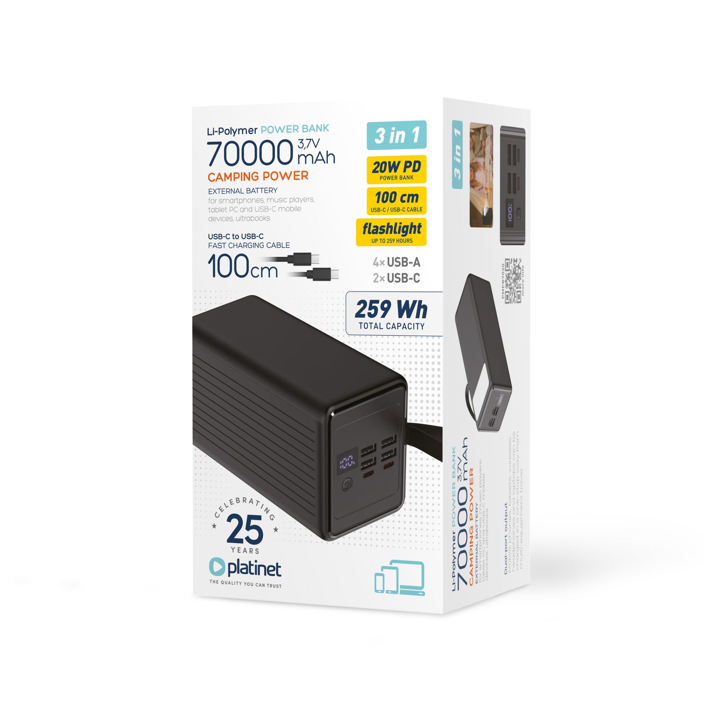 PLATINET POWER BANK LI-PO 70.000mAh 20W PD + CABLE USB-C 1M + LINTERNA PMPB7020