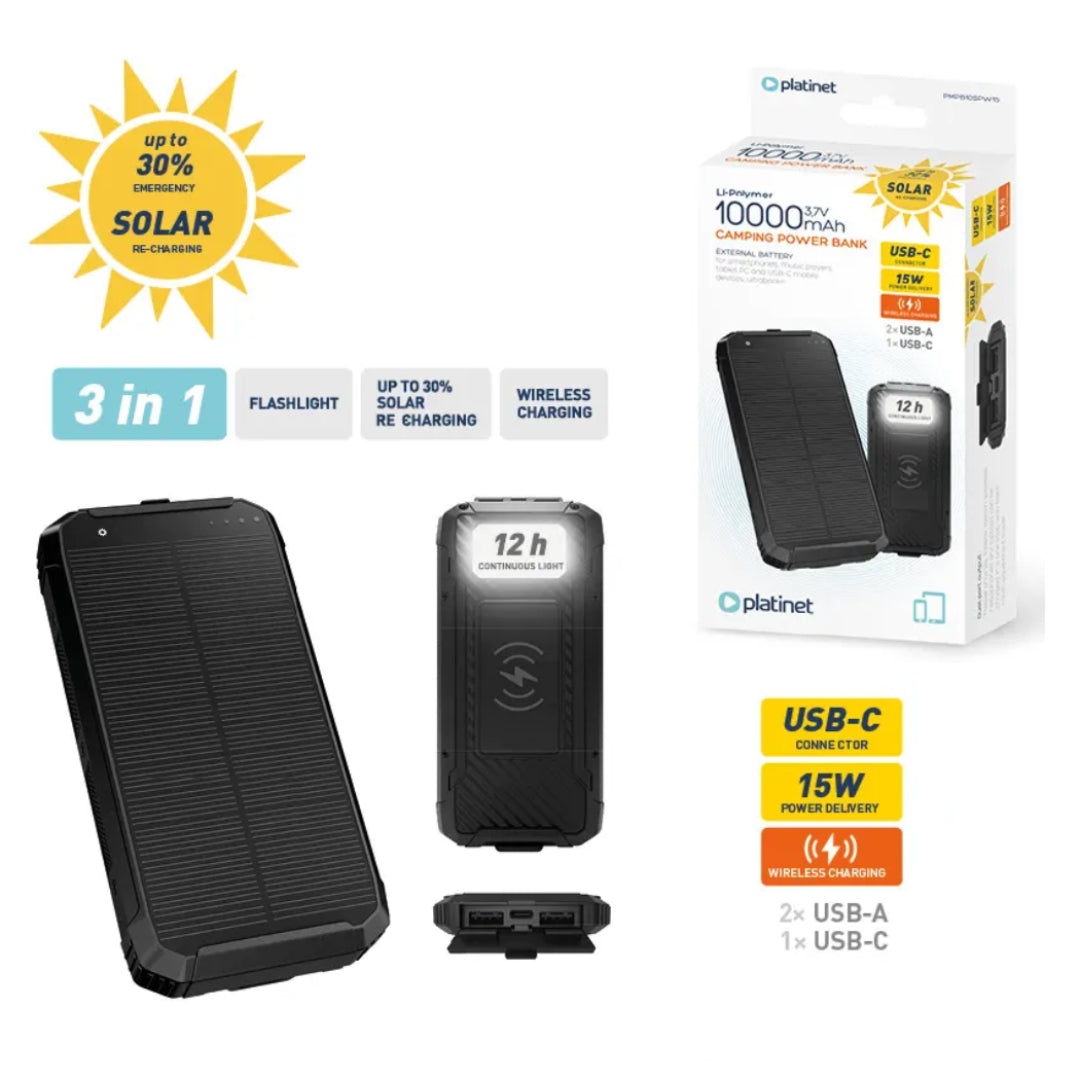 PLATINET POWERBANK 10.000mAh CAMPING  POLYMERO CARGADOR SOLAR + CARGADOR INALÁMBRICO 15W + LINTERNA
