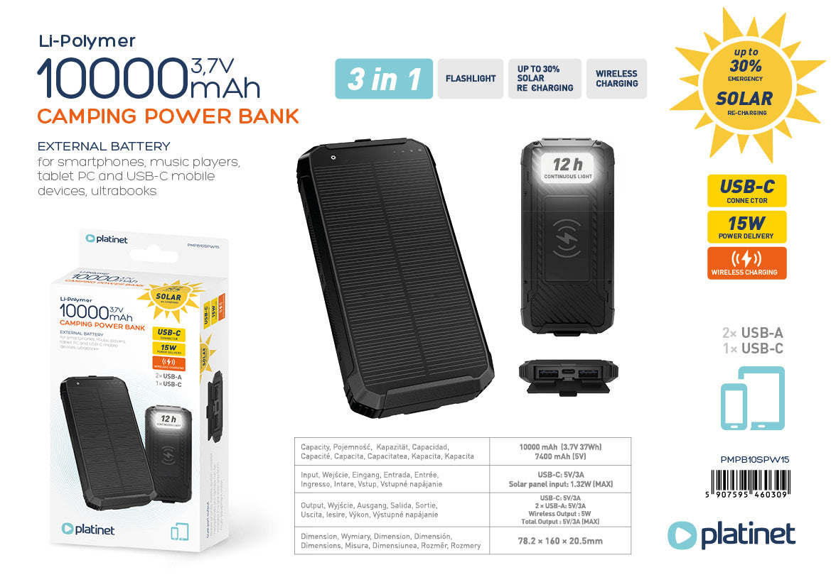 PLATINET POWERBANK 10.000mAh CAMPING  POLYMERO CARGADOR SOLAR + CARGADOR INALÁMBRICO 15W + LINTERNA