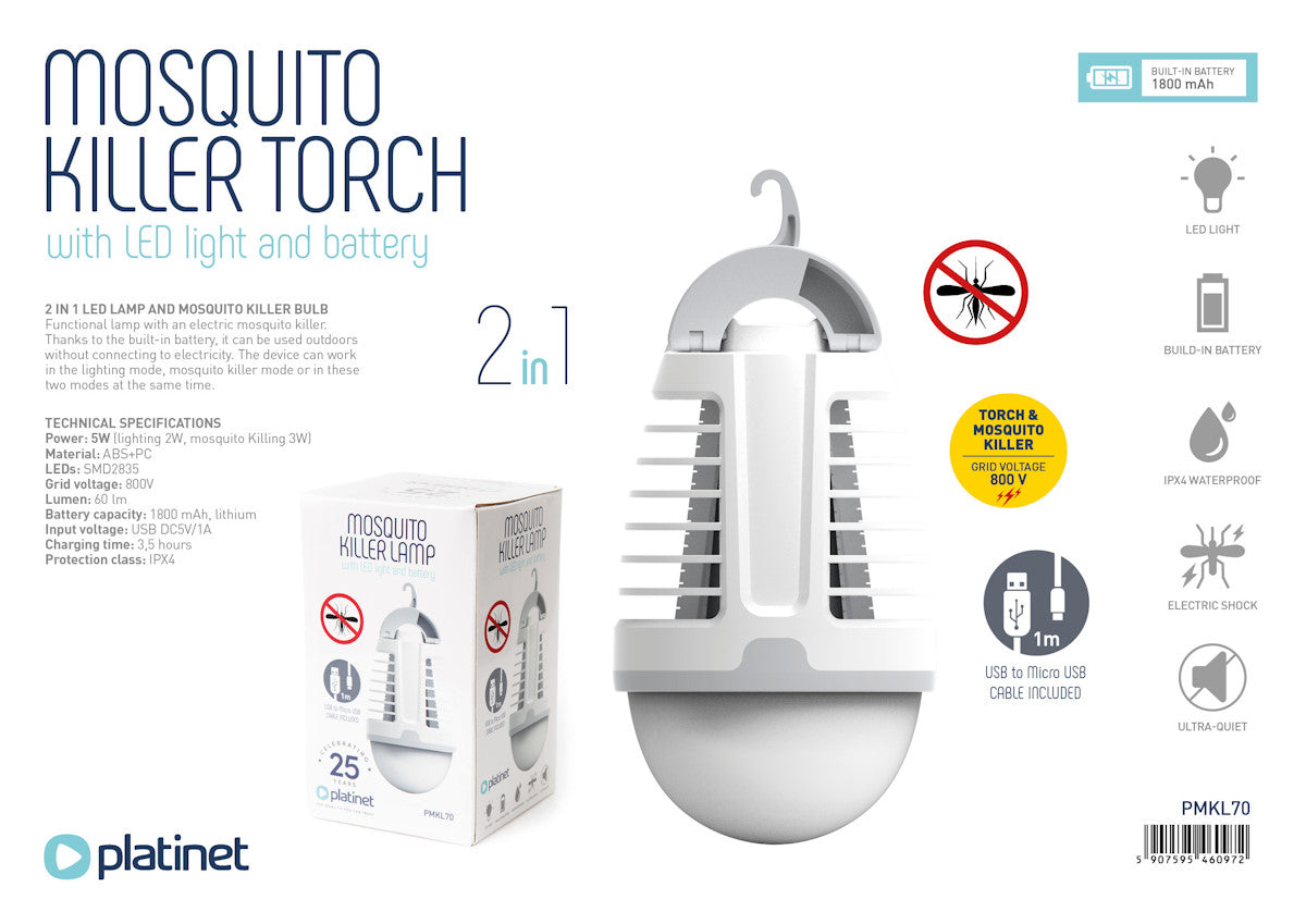 PLATINET LAMPARA ANTIMOSQUITOS CON LUZ LED BATERIA 1800mAh BLANCO/GRIS PMKL70