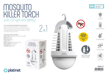 PLATINET LAMPARA ANTIMOSQUITOS CON LUZ LED BATERIA 1800mAh BLANCO/GRIS PMKL70
