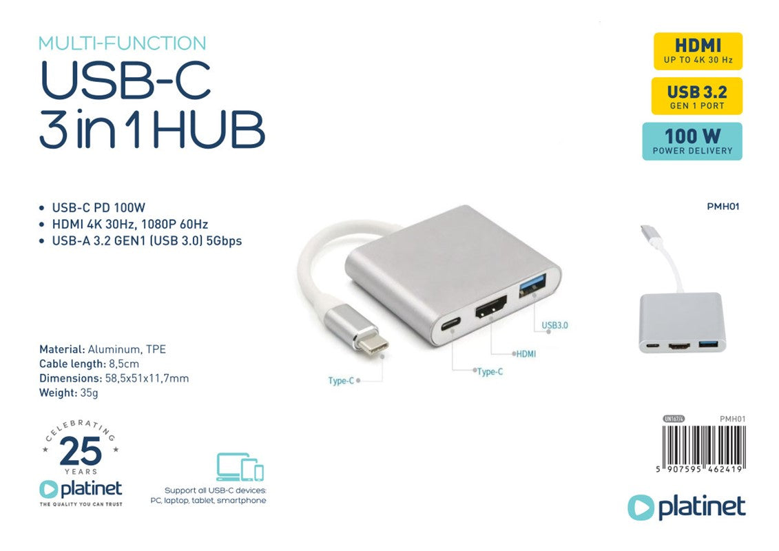 PLATINET HUB USB-C 3.2 5GB/S 3en1 HDMI 4K USB-A 3.2 USB-C 100W