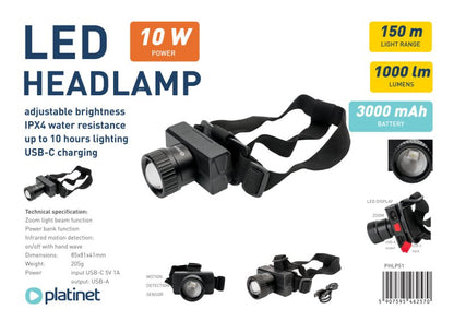 PLATINET LINTERNA FRONTAL LED 10W 1000lm RECARGABLE 3000mAh IPX4
