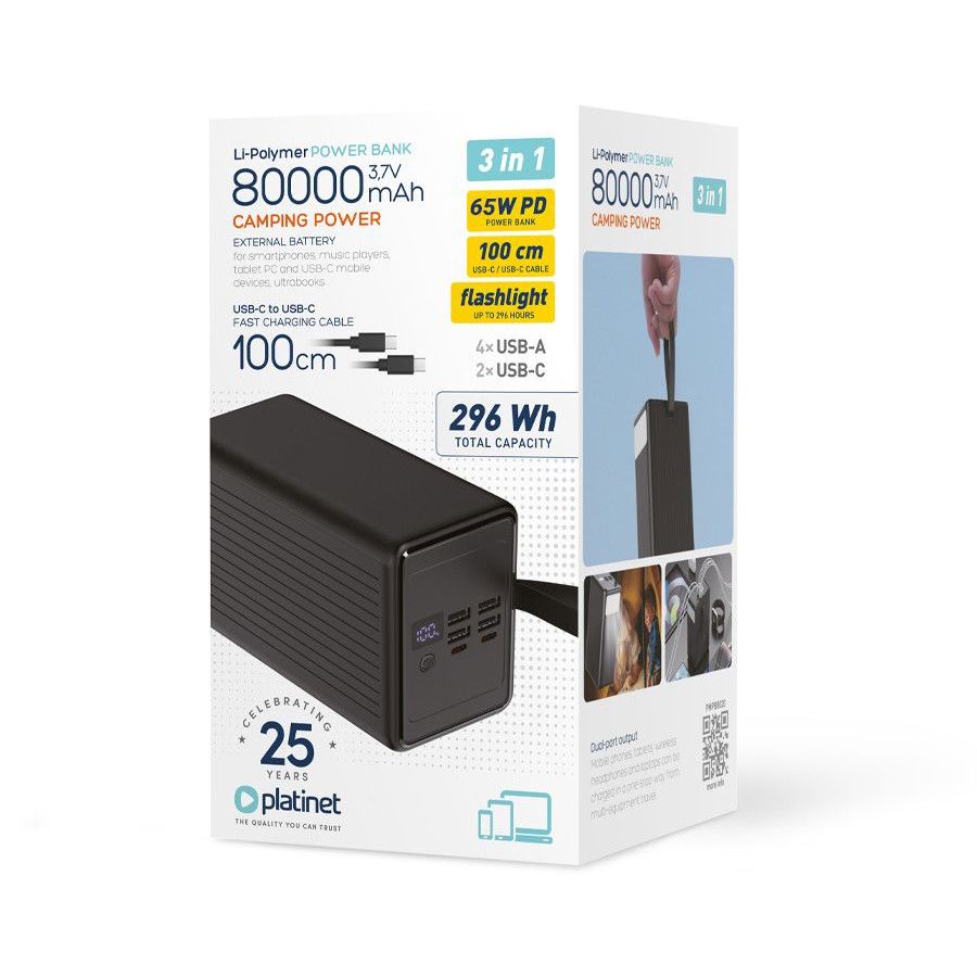 PLATINET POWER BANK LI-PO 80.000mAh 65W PD + CABLE USB-C 1M + LINTERNA PMPB8065