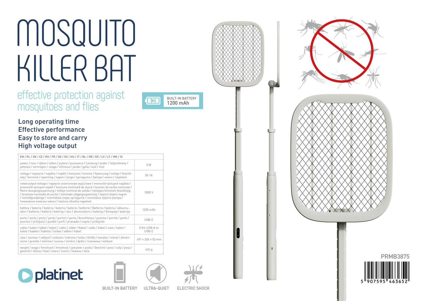 PLATINET MOSQUITERA RAQUETA EXTENSIBLE RECARGABLE1200mAh