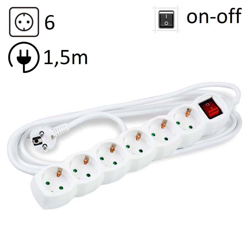TECHNIK REGLETA DE CORRIENTE 6 ENCHUFES 1,5M 16A BLANCO+INTERRUPTOR