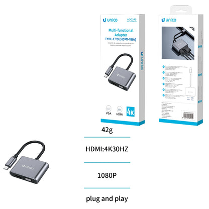 UNICO AD0245 ADAPTADOR ALUMINIO TIPO-C A HDMI Y VGA GRIS