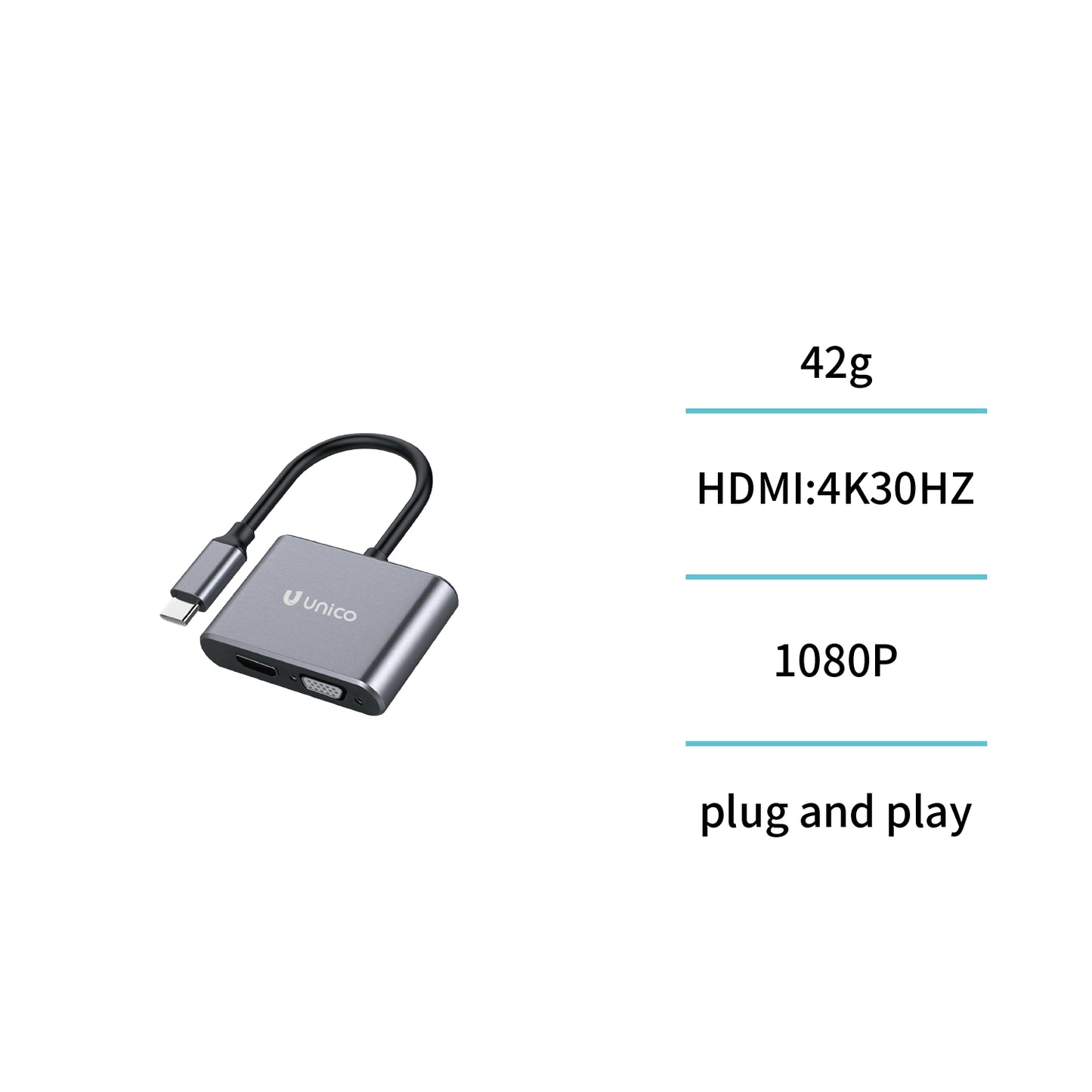 UNICO AD0245 ADAPTADOR ALUMINIO TIPO-C A HDMI Y VGA GRIS